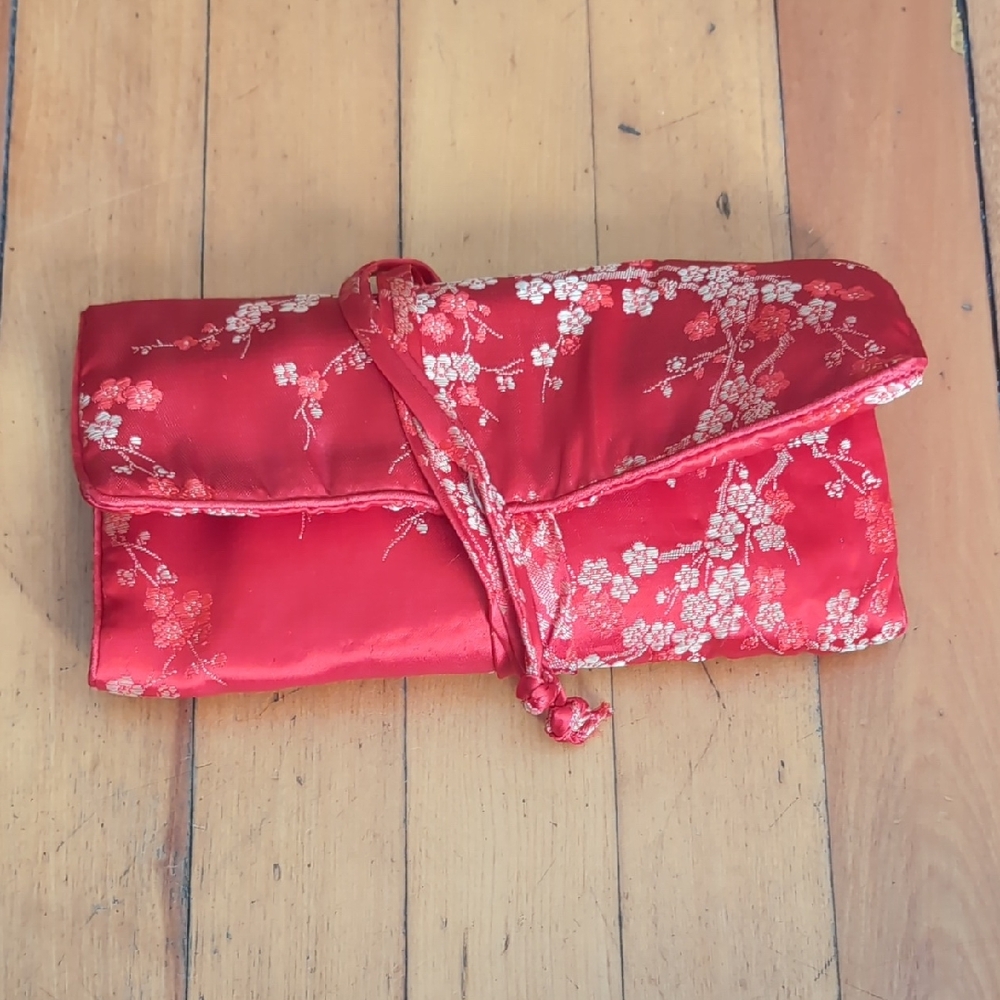Vintage Satin Red And Gold Jewellery Travel Case Zippers